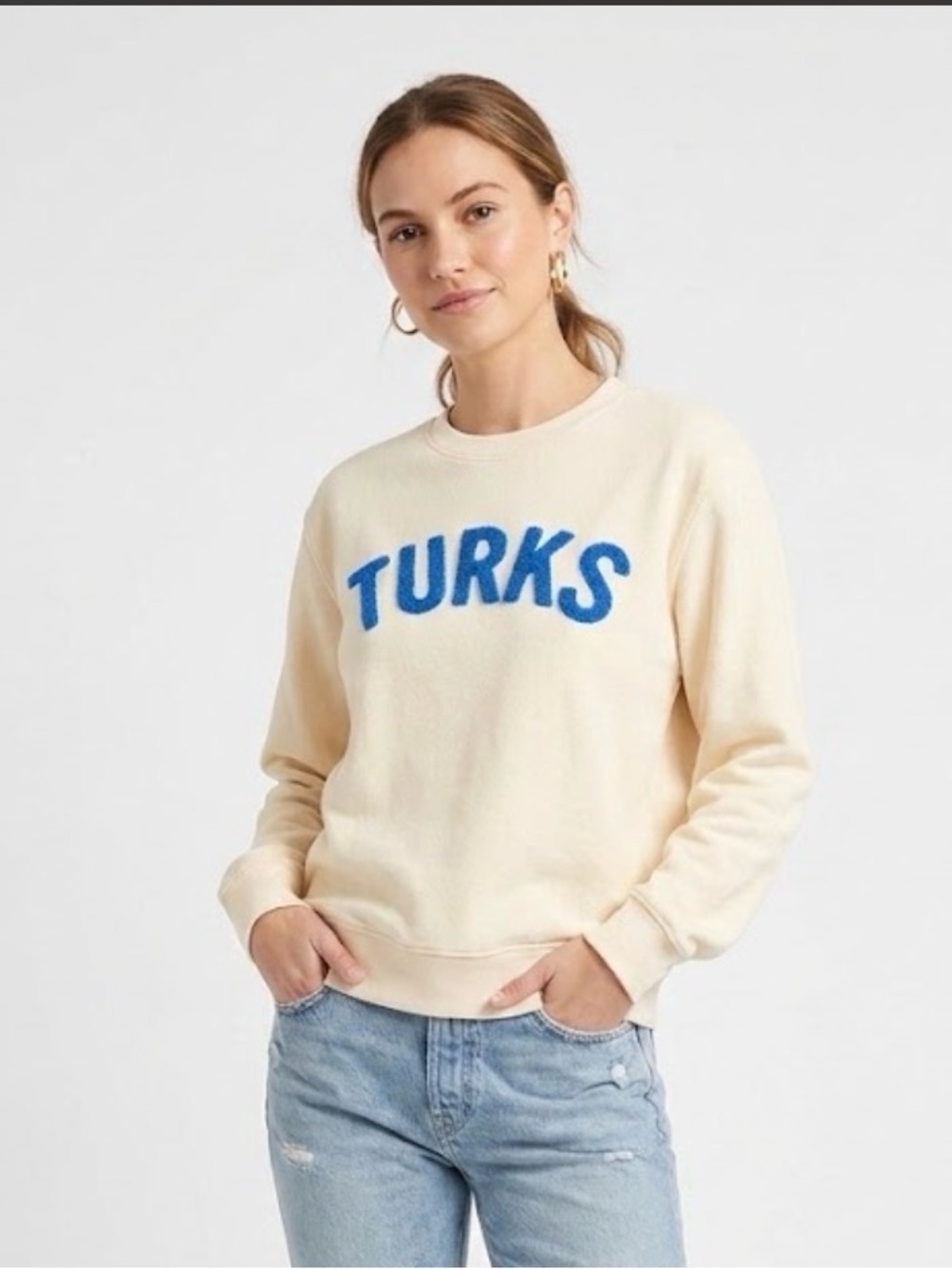 OKAICOS Womens Cream Turks Chenille Embroidered Cotton Crewneck Pullover Small